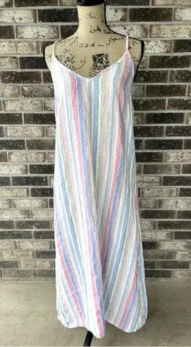 C&C California Linen Pastel Striped Long Maxi Dress Hi Low Spaghetti Strap