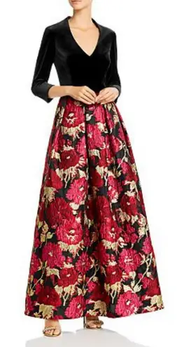 Eliza J Velvet Bodice Jacquard Ballgown Black Gold Burgundy 4