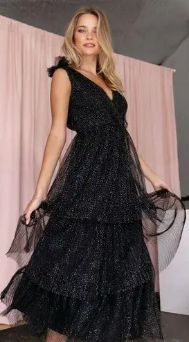 Petal and Pup Women’s  Asteria Tulle Tiered Maxi Dress Size 0 Black Sparkle