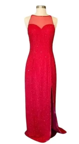 Andretta Donatello Red Gown XS Slit Mesh Beaded Detail Drama Glam Prom Pageant