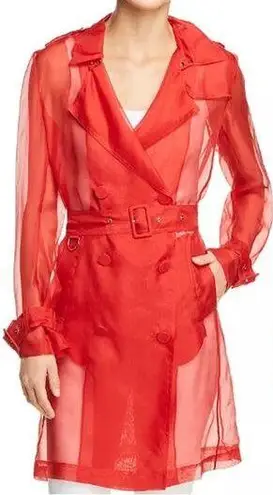 Elie Tahari Natania Sheer Double Breasted Belted Trench Coat Red Women's L