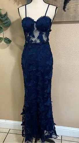 NWOT Navy Blue 3D Floral Appliqué Sheer Panel Gown Size Small
