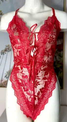 Cacique Coral Pink Sheer Lace Teddy Bodysuit Bow Tie Lingerie Size Large