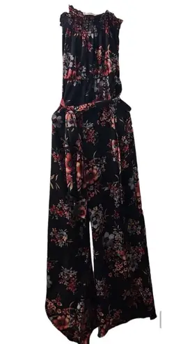 Adora Smocked Floral Jumpsuit Wide Leg Sleeveless Black