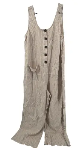 Marine layer Linen Blend Striped Wide Leg Jumpsuit Tan White Button Front Medium