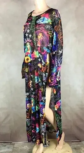 ROUGE NYC Graffiti Printed QUEEN Savage High Slit Mesh Dress 4X Black