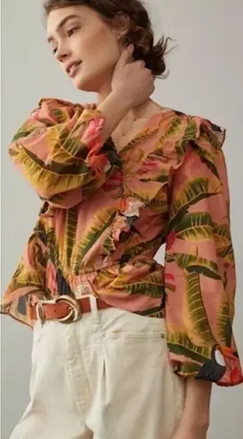 Farm Rio for Anthropologie Yasmine Ruffled Blouse Toucan Floral Tropical Small