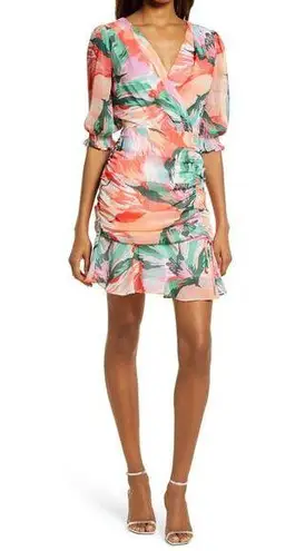 Adelyn Rae Coral Floral Metallic Stripe Chiffon Ruched Party Mini Dress M