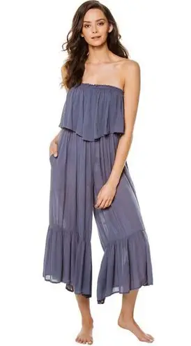 Elan  Blue Flounce Wide Leg Jumpsuit Strapless Ruffle Swim Cover Up Small NWT