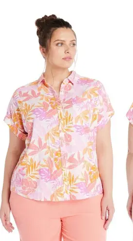 Terra & Sky Button Linen Blend Short Sleeve Shirt Womens 2X (20W-22W) Tropical