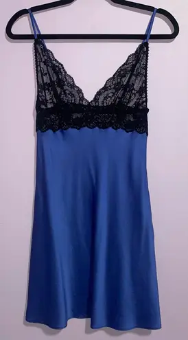 Christine Lingerie Silk Chemise Slip Night Dress Women Size S Mini Lace Sexy Blue