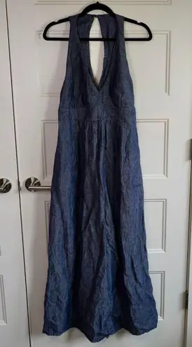 CAbi  100% Linen Chambray Halter Maxi Dress L #995 Blue Prairie Jumper Pockets