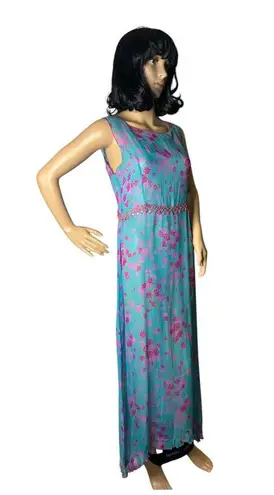 Johnny Was Boho Chic Sheer Blue pink floral Floral embroidery sequin maxi dress