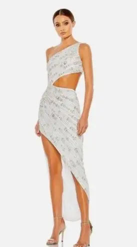 Mac Duggal 10880 BEADED ONE SHOULDER CUTOUT ASYMMETRICAL WHITE GOWN sz 4