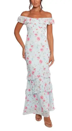 Petal and Pup NWOT Irelynn Floral Off-Shoulder Ruffle Tiered Blue Maxi Dress SMALL