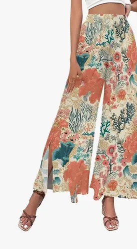 Tropical flowy Wide Leg Pants High Waist Split Thigh Beach Boho floral y2k Pink Size XXL