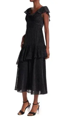 Monique Lhuillier NWOT ML Cap Sleeve Midi Dress in Jet Gold Size 2 Black Glitter