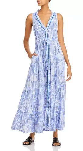 Poupette St. Barth XS Nana Printed Sleeveless Button Front Maxi Dress Blue