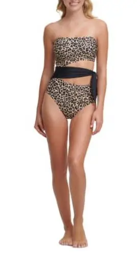 DKNY  Suntan ​Leopard Print Brown & Black Cutout Tie One Piece Swimsuit 10 NWT