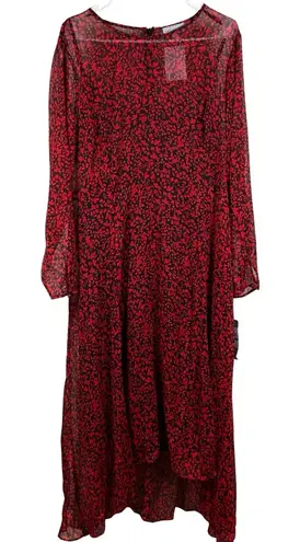 Marc New York Dress Women’s 18 Red Black Floral Sheer Long Sleeve Hi-Low NEW
