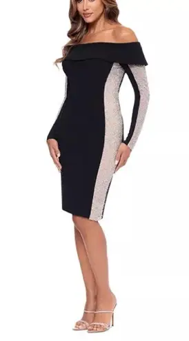 XScape Women's Rhinestone-Mesh-Side Off-The-Shoulder Dress Black Sz 12