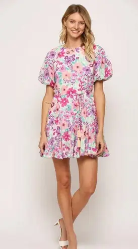 Fate Women Frances Floral Pleated Skirt Dress Sz L Puff Sleeve Colorful Feminine Pink Size L