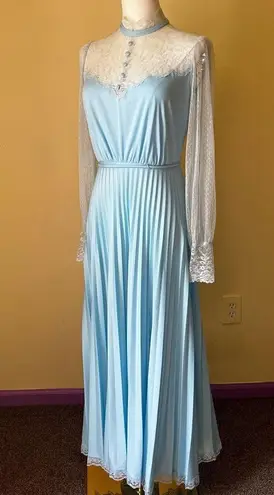 Vintage 70s Blue Lace Long Sleeve Nightgown Hostess Dress Victorian Small