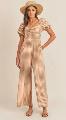 Mable Amaya Gingham Plaid Puff Short Sleeve Jumpsuit in Cognac Size M Tan Size M