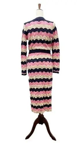 Laurie Felt Pointelle Knit Maxi Cardigan Duster Sweater Navy Pink Tan Size XXS