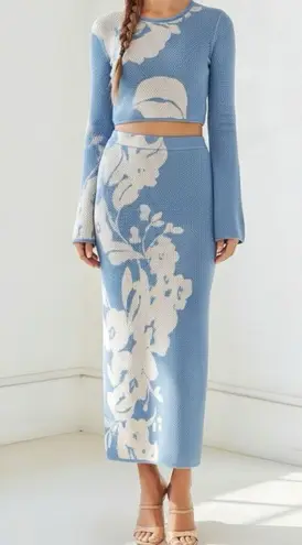 MISA Los Angeles Dara Knit Midi Skirt, Blue Hibiscus Floral, Large