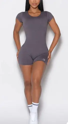 Bombshell sportswear Open Back Tee Bodysuit Short, Gray Smocke