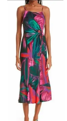 Farm Rio Midnight Leaves Tank Midi Dress Green Pink Tropical Cut Out Tie Waist M