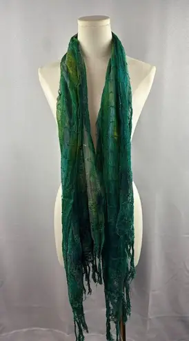 Women’s Green, Blue, & Teal Tasseled Knit & Mesh Scarf Green