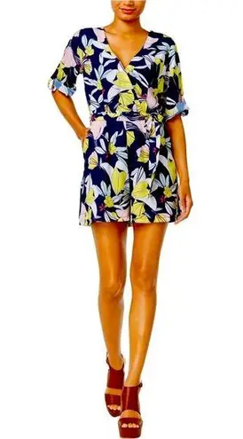 Maison Jules NWT Madison Jules Sydney Navy Blue Surplice Faux Wrap Tie Waist Floral Romper M