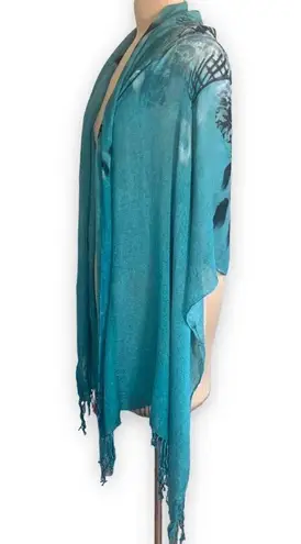 None Sarong Scarf Bright Turquoise Black Rose Floral Fringe Boho Gypsy Colorful