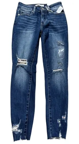 Kancan jeans Leopard Print Skinny Destressed Mid Rise Size 25 Short Blue