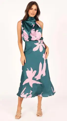 Petal and Pup  Anabelle Green & Pink Floral Satin Halter Neck Midi Dress L