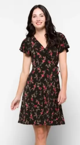 Kaileigh Black and Red Floral Midi Dress faux wrap tie waist