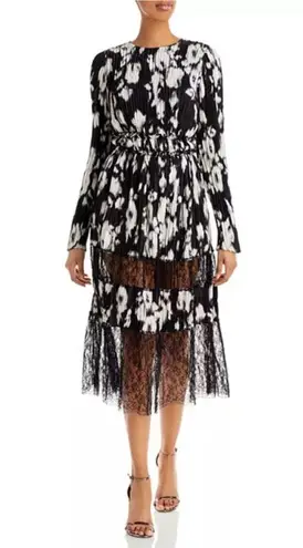 Jason Wu Collection Lace-Paneled Floral Plissé Silk-Satin Midi Dress, NWT, Size4