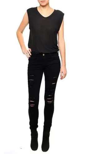 Frame Le Skinny de Jeanne Noir Jefferson Black Mid Rise Distressed Jeans Size 26