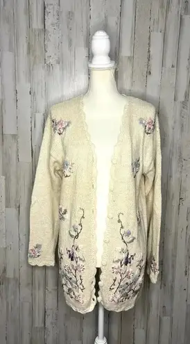 Vintage 80s Crystal Kobe Floral Embroidered Knit Cardigan Beige Women's Medium