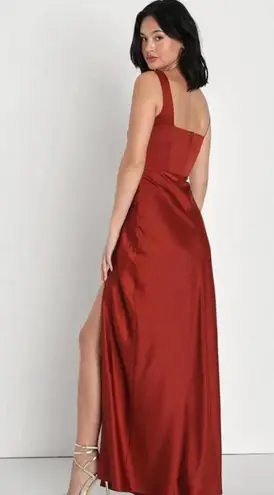 Lulus Rust Orange Satin Square Neck Maxi Dress Size XL