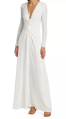 Halston Heritage Ivory V-Neck Ruched Jersey Gown