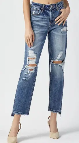 Risen DARKWASH HIGH RISE DISTRESSED STRAIGHT LEG JEANS