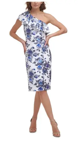 Eliza J Blue Floral Print One Shoulder Sheath Dress Metallic Ruffle Size 6 New