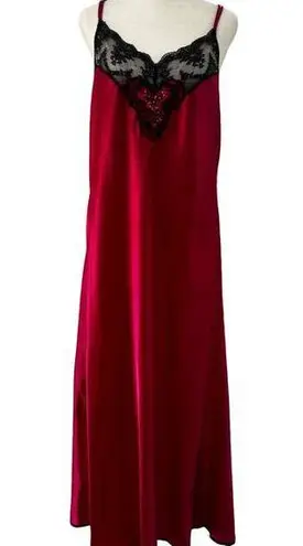Vanity Fair Vintage Nightgown black Lace and Shiny red Satin USA Slip Gown large