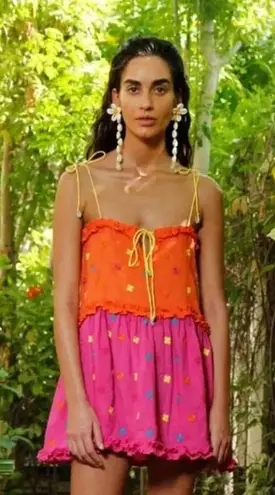 NWT All Things Mochi Nia Tiered Embroidered Linen Ruffle Dress Pink Size XS