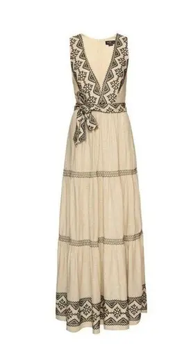 PatBO Sleeveless Linen Tan and Black Embroidery Maxi Sun Dress sz 6