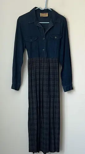 90s Studio Ease Cottagecore Vintage Denim Plaid Maxi Dress Long Sleeve Sz 10 Blue