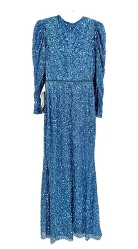 Mac Duggal 5510 Blue Women's Sequined Wrap Over Puff Long Sleeve Gown Size 4